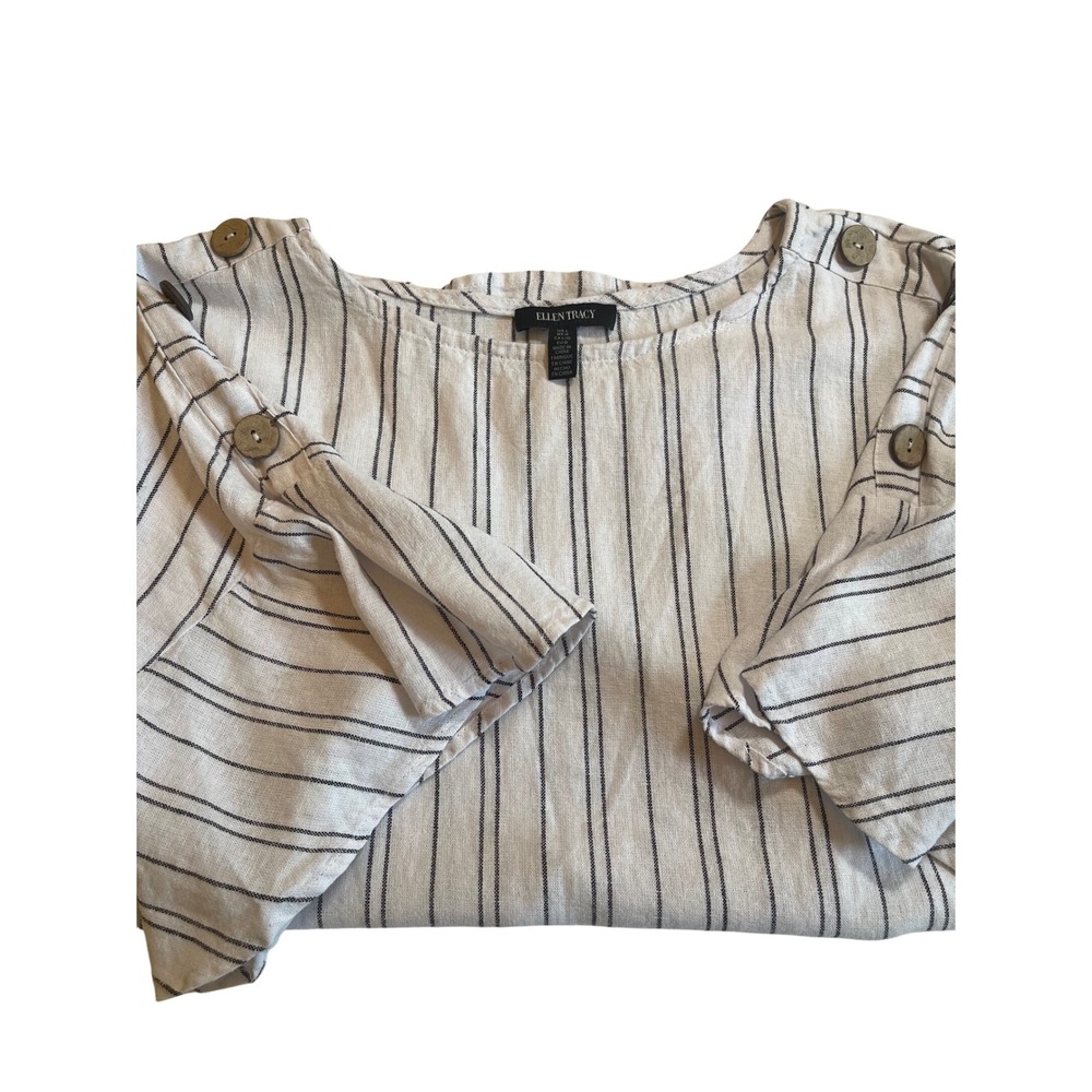 Ellen Tracy Womens Button Sleeve  Black/White striped Tunic top Size L